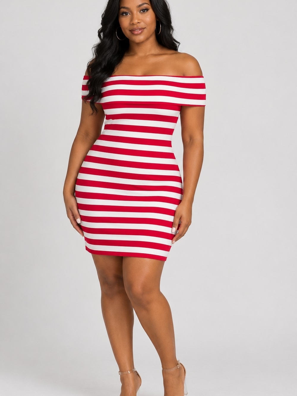 Off-Shoulder Red & White Striped Bodycon Dress
